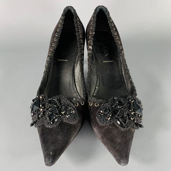 PRADA Size 7.5 Black Suede Beaded Embellishment Heels Pumps - Picture 4 of 9